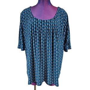 Daisy Fuentes Navy Blue Geometric Slinky‎ Short Sleeve Blouse Size 2X Women A121